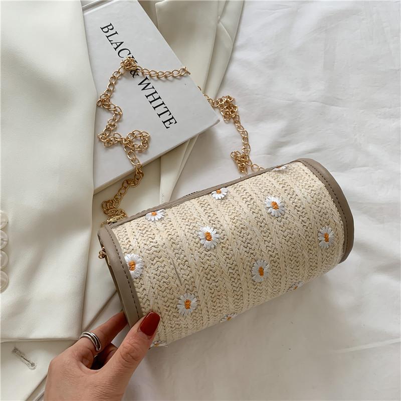 

Small Fresh Woven Bags Women Summer Fashion Texture Flower Shoulder Bag Popular Simple Cylinder Crossbody Bags For Women 19.5x10.5x10.5cm