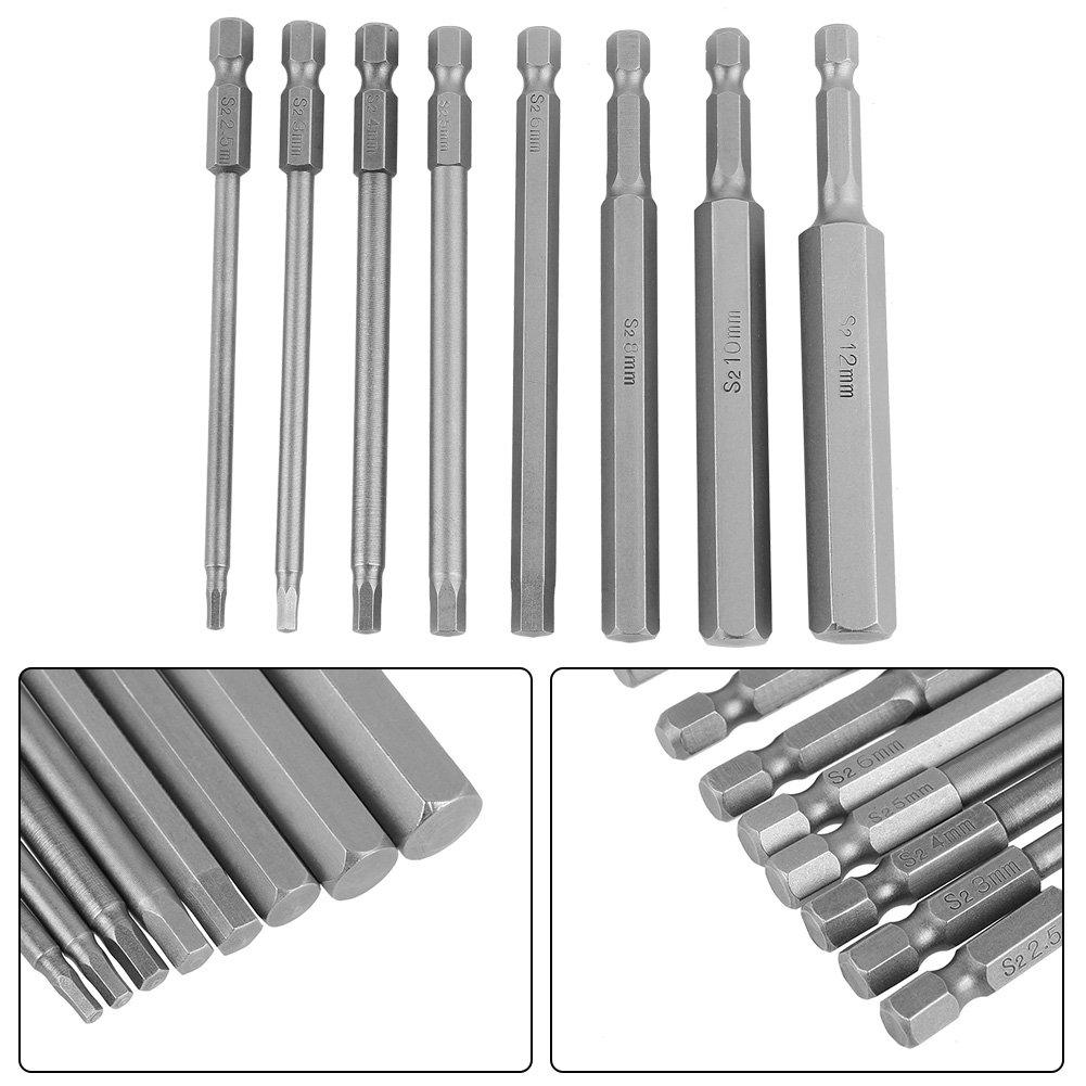 Hilitand Hex Bit 100mm Total Shank with Set Set, Length, 6.35mm Diameter, Magnets, 2.5/3/4/5/6/8/10/12mm Bits, 8-Piece