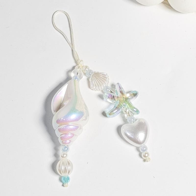 Unique Ocean Style Clear Sparkling Beaded Earphone Holder Chain Featuring Seashells Pearls Accent And Phone Decoration