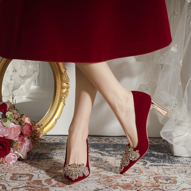Pointed Heel Suede Red High Heels Women's Banquet Wedding Bridesmaid Shoes Bridal Shoes