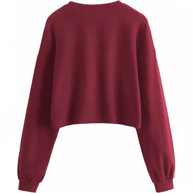 2024 Autumn/Winter Women's Solid Color Plus Velvet Loose Round Neck Short Hoodie
