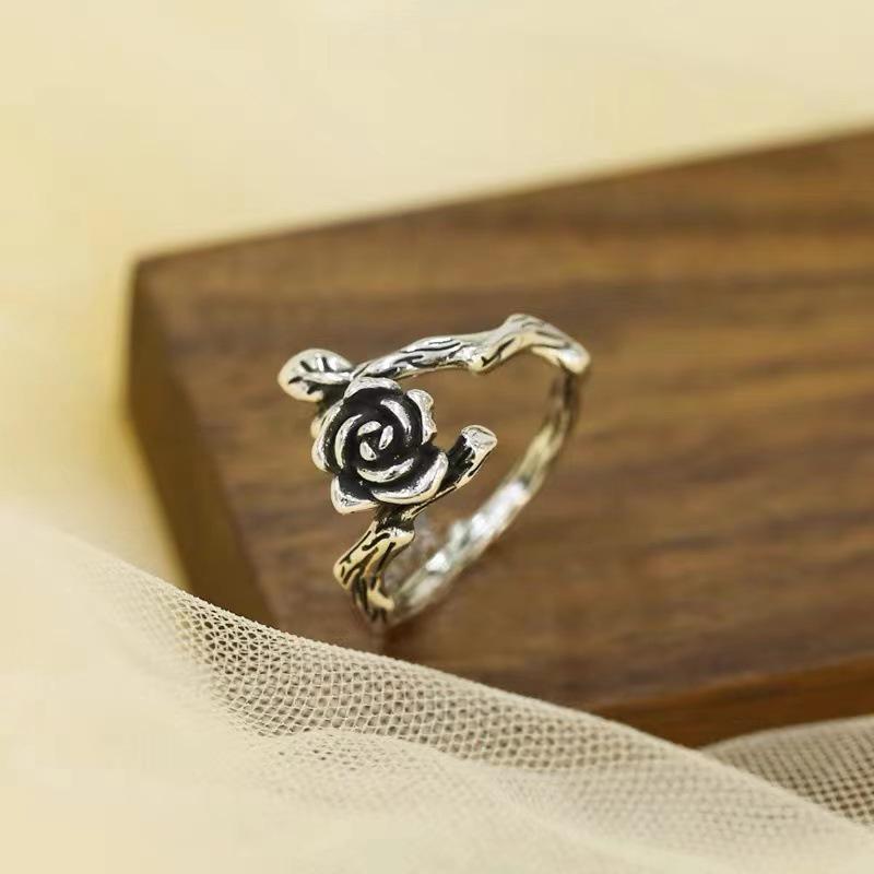 Chao Xiaobai Retro Aged Rose 925 Sterling Silver Ring - Simple and Elegant Japanese-Korean Design