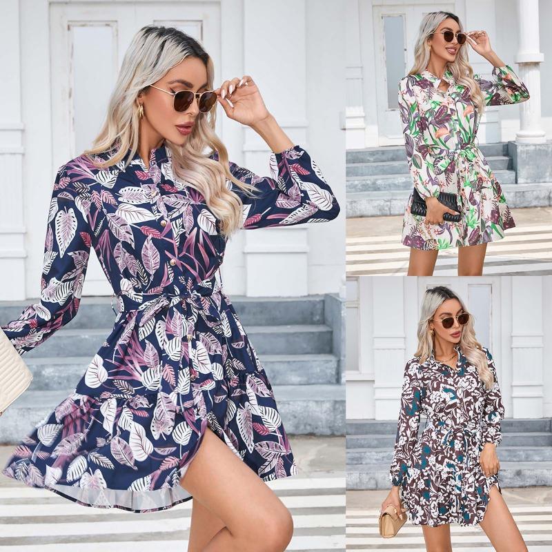 Women's Autumn/winter Printed Button-up Long-sleeved Dress