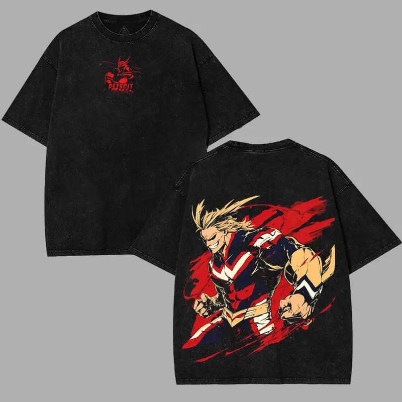 All Might Printed Tee Anime My Hero Academia Clothing Men Women Retro Washed T-shirts Short Sleeve Tshirt Harajuku Male T Shirt