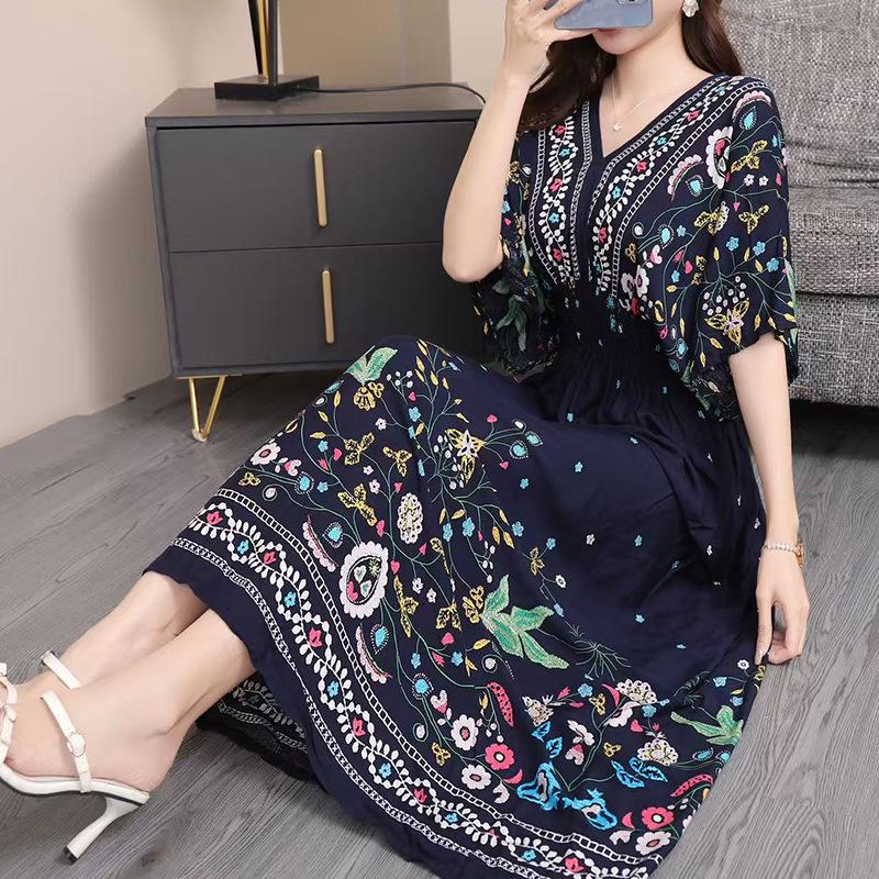 25th Anniversary Ethnic V-Neck Rayon Short Sleeve French-Thai Print Holiday Dress for Women