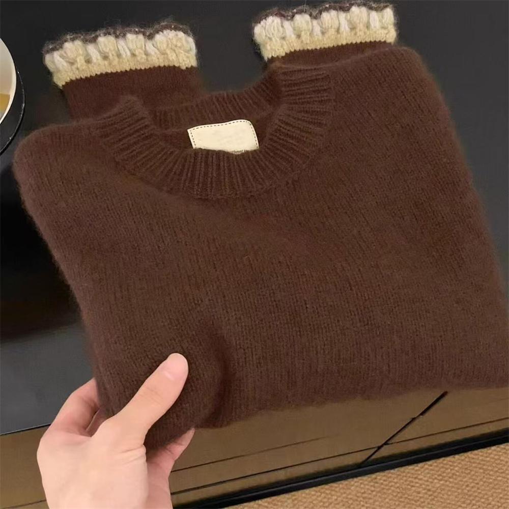 Korean Coffee Color Round Neck Sweater for Women Autumn Long Sleeved Knitted Sweaters Vintage Female Pullover Tops