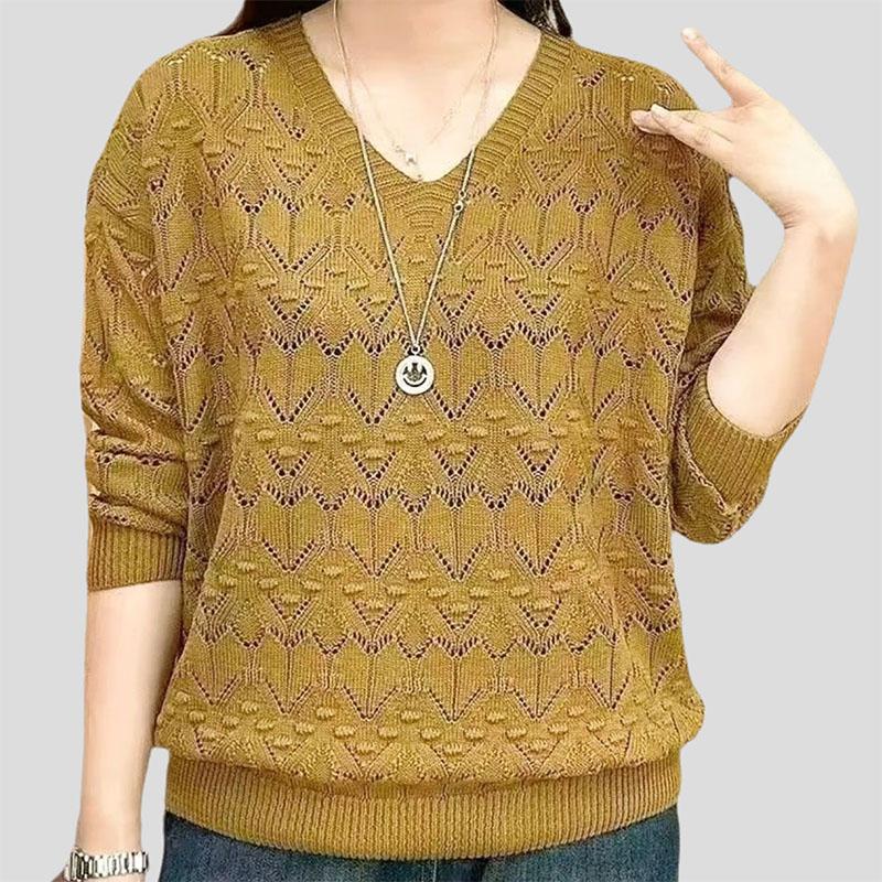 Summer   Women's Thin Hollow Plus Size Sweater  Solid Color V-Neck Loose Knit Pullover Sweater