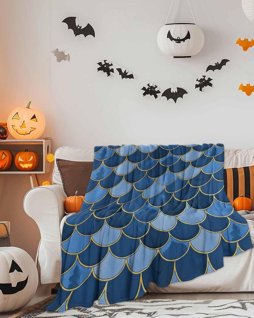 Mermaid scale blanket blue gold fish pattern fantasy design soft throw ocean decor bedroom textile magical home accessory