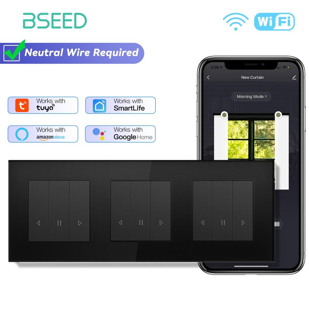 BSEED Smart Curtain Switch Series Wall WIFI Click Switches Yellow Backlight Glass Frame Tuya APP Switch EU Wall Sockets with USB