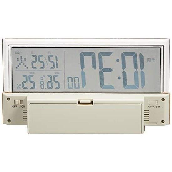 Seiko Clock tabletop alarm radio-controlled digital calendar temperature humidity display see-through LCD light brown wood grain pattern body size