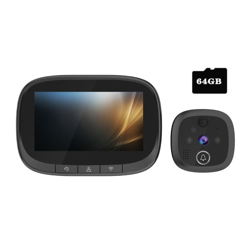 

Цифровой дверной глазок 1080P, камера 4,3 дюйма, TFT дверной глазок, инфракрасное ночное видение, обнаружение движения, широкий угол, перезаряжаемый дверной звонок w2 64g чёрный