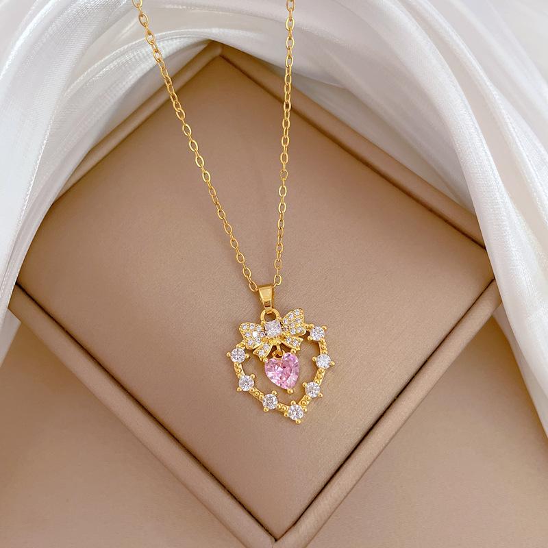Bow Love Light Luxury Temperament Gorgeous Full Diamond Necklace Female Versatile Collarbone Chain Titanium Steel Chain