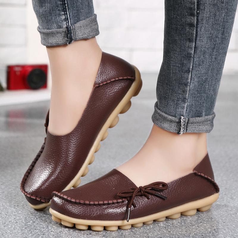 Woman Loafers Genuine Leather Female Shoes Slip On Ballet Bowtie Women's Shoe Size