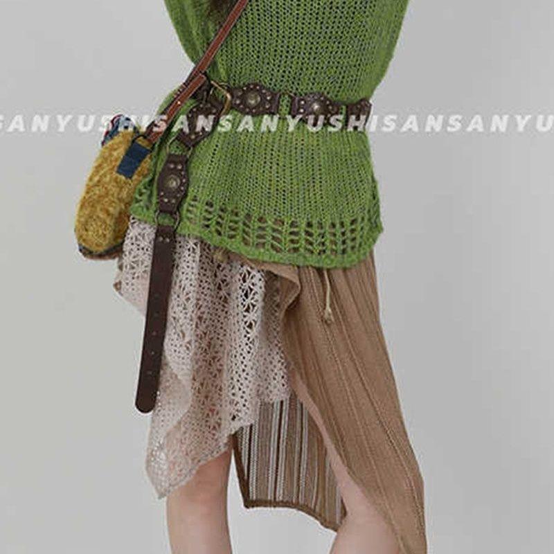 Early Autumn Retro Ruffle A-line Knit Skirt for Women - High Waist, Slimming, Layered Design