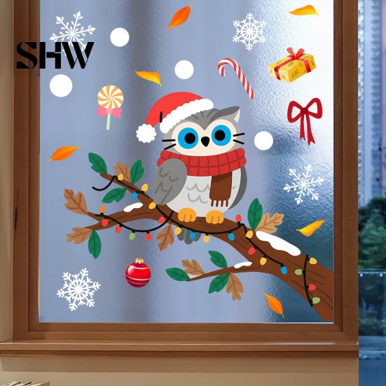 Self Adhesive Seasonal Wall Art Cute Christmas Owl Window Sticker, Snowy Branch Candy Glass Decal, Waterproof Festive Outdoor Xmas Decor for