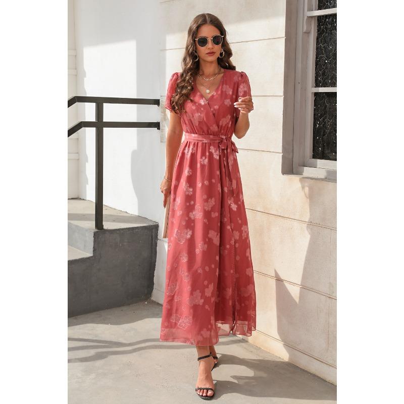 V-neck High-waisted Strappy Dress Jacquard Split Long Short-sleeved Dresses
