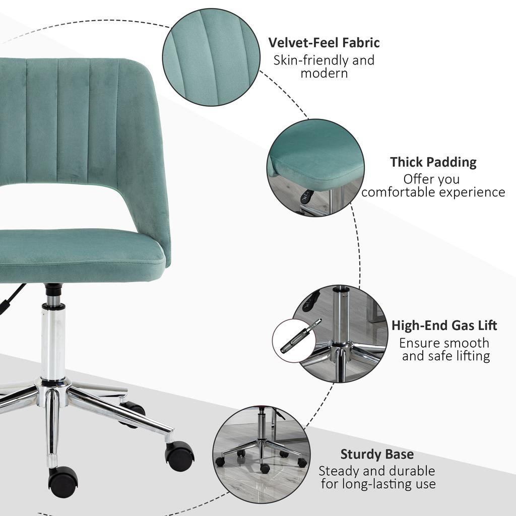 Modern Office Chair, Velvet-feel Fabric Desk Chair with Wheels, Comfy Armless Swivel Vanity Chair for Makeup, Nail Tech, Bedroom, Green