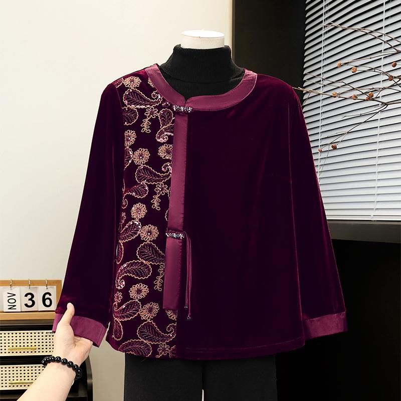 

Chinese National Style Black Velvet Embroidered Top - Women s Long Sleeve Frog Button, Loose Fit, Slimming Belly Concealing, Ideal for Mothers XL (recommend 45-55 kg) бордовый