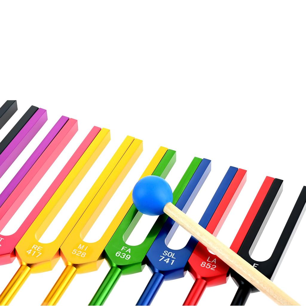 Dreld Tuning Fork Chakra Sound Healing Therapy Tool for and with Silicone Hammer and Wooden Stand for Better Resonance and Silver 285 396 417 528 639