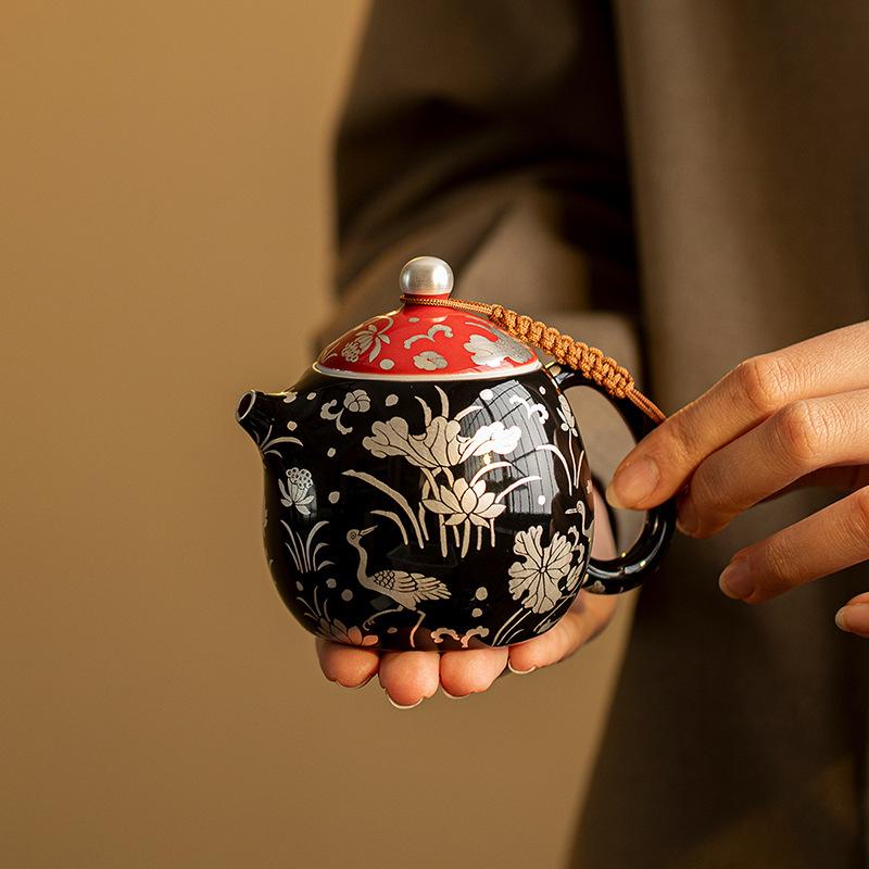 Black Glazed Silver Pattern Ceramic Sketch Pot KungFu TeaSet Household Ball Hole Filter Teapot A Heron Lotus Life Dragon Dan Pot