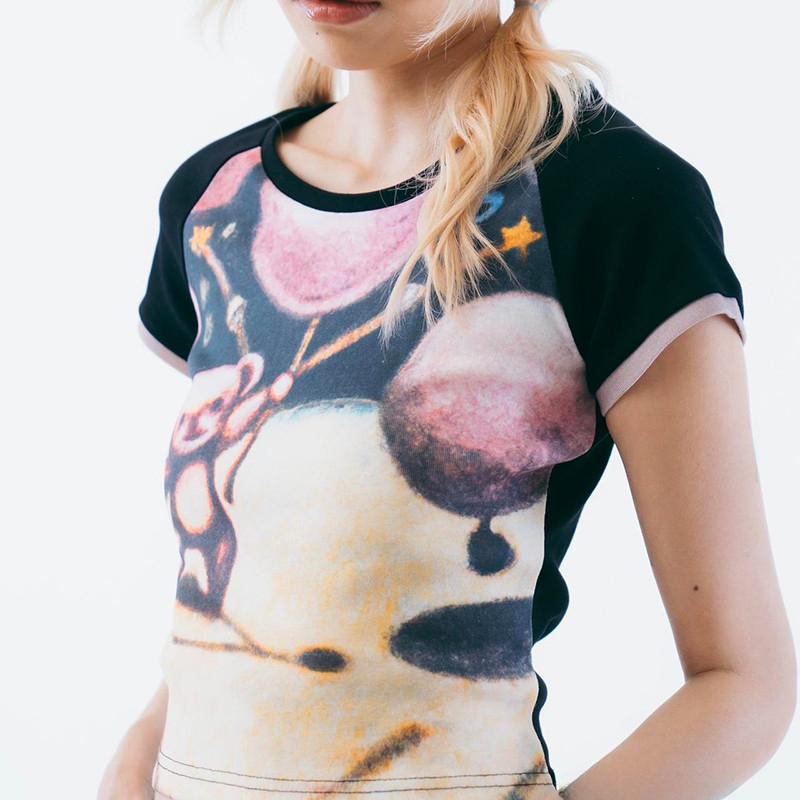 

Y2K Streetwear футболка с контрастным принтом длиной до плеч, короткими рукавами и круглым вырезом для весны и лета, американский топ для горячих девушек