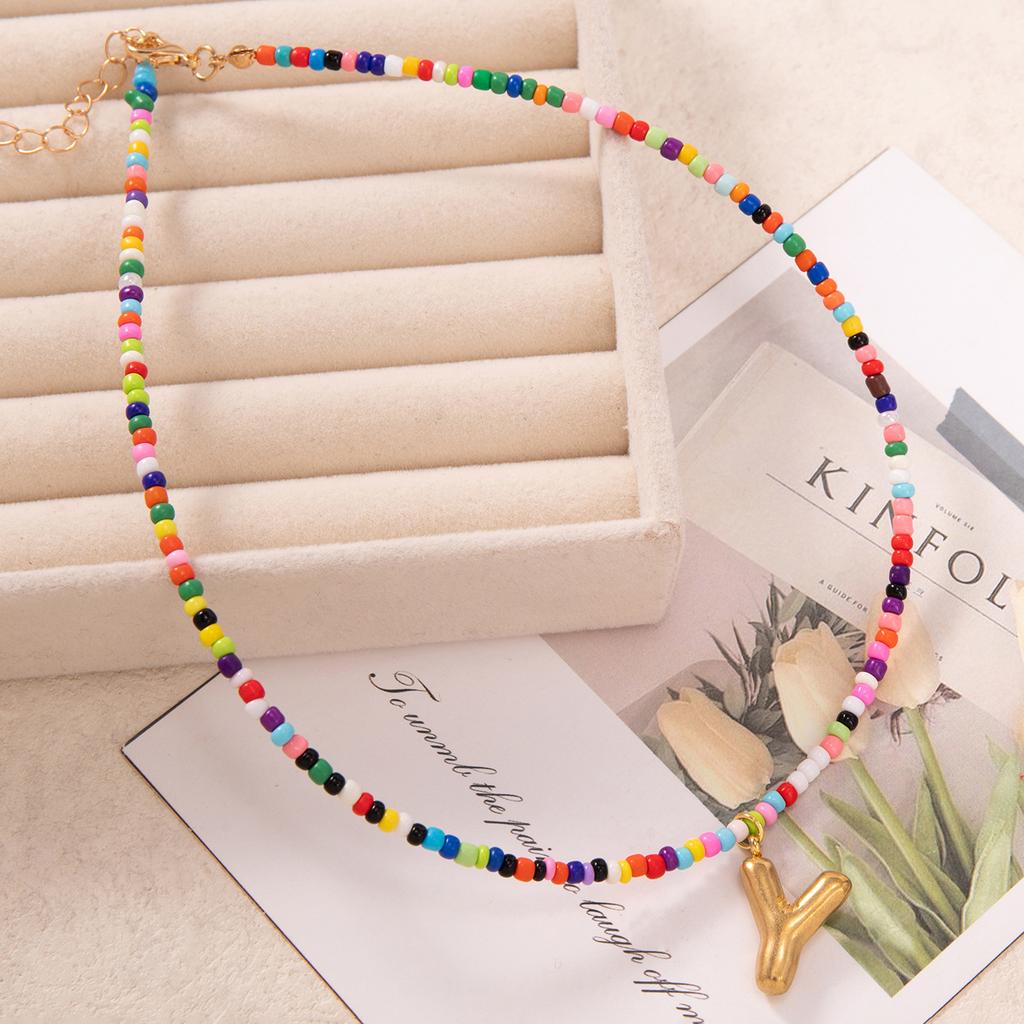 Bubble Alphabet Colored Rice Beads Handmade Beaded Delicate Beach Bohemian Necklace Collarbone Chain