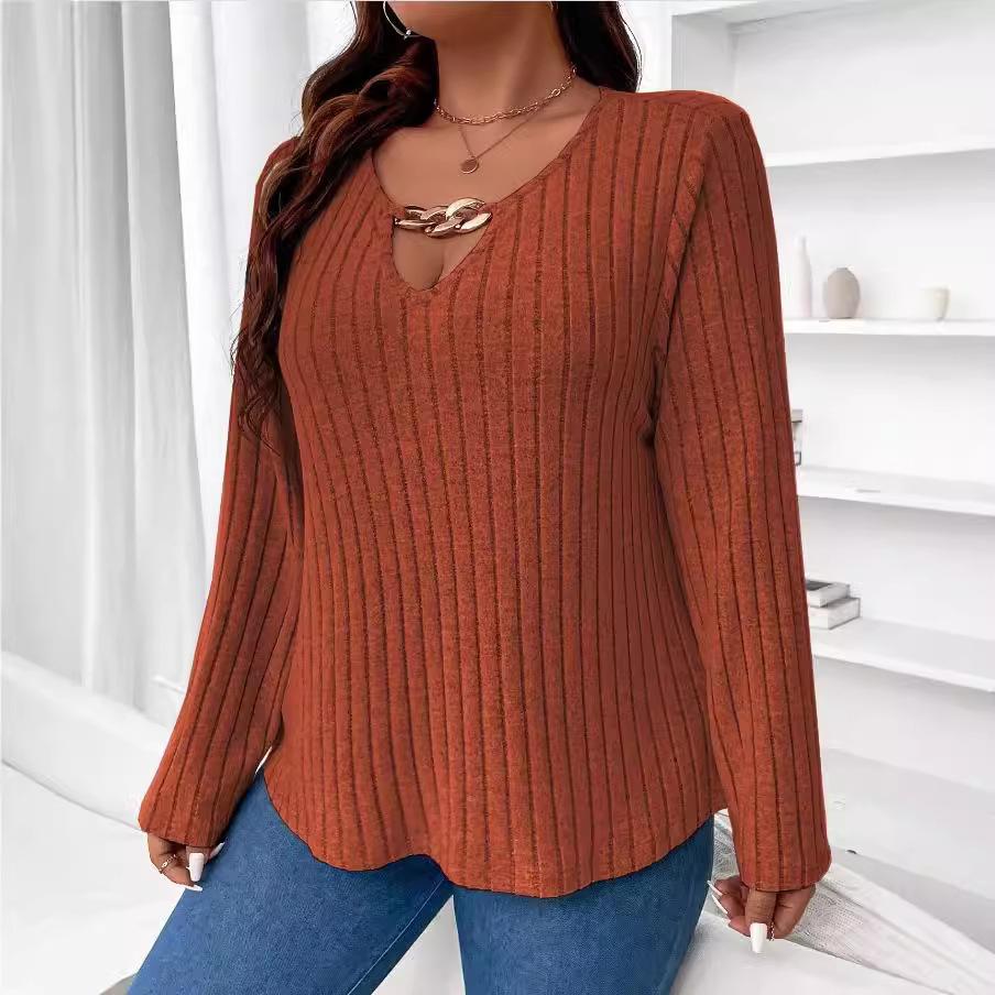 Women's Fashion Plus Size Casual Fall Winter Solid Color Print Long Sleeve V-Neck Pullovers & Long Sleeves