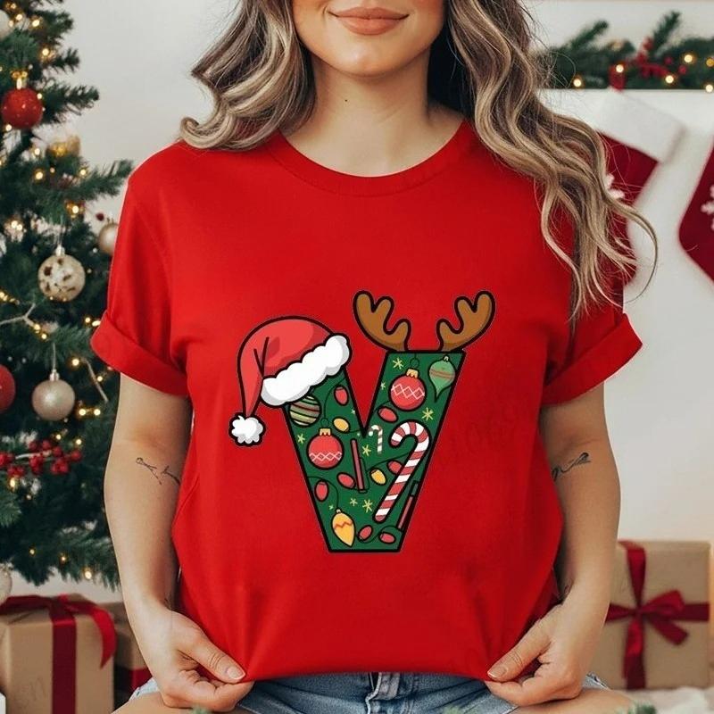 Festive Christmas Alphabet Letter Santa Hat Print Tshirt for Women Fashion T Shirt Streetwear Female Clothes Casual clothing