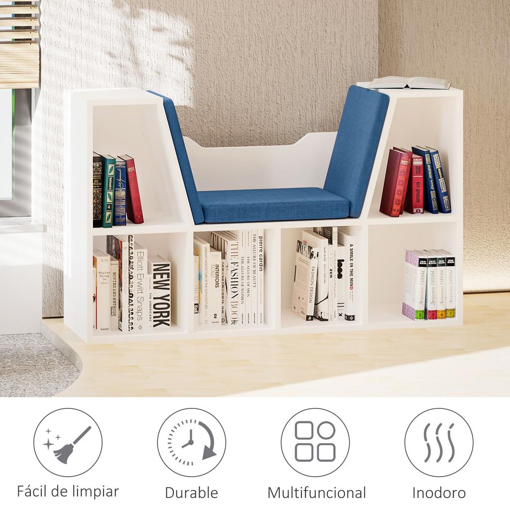 Bookshelf with Seat, 6 Cubes, Cushion, 102 x 30 x 61 cm, White and Blue