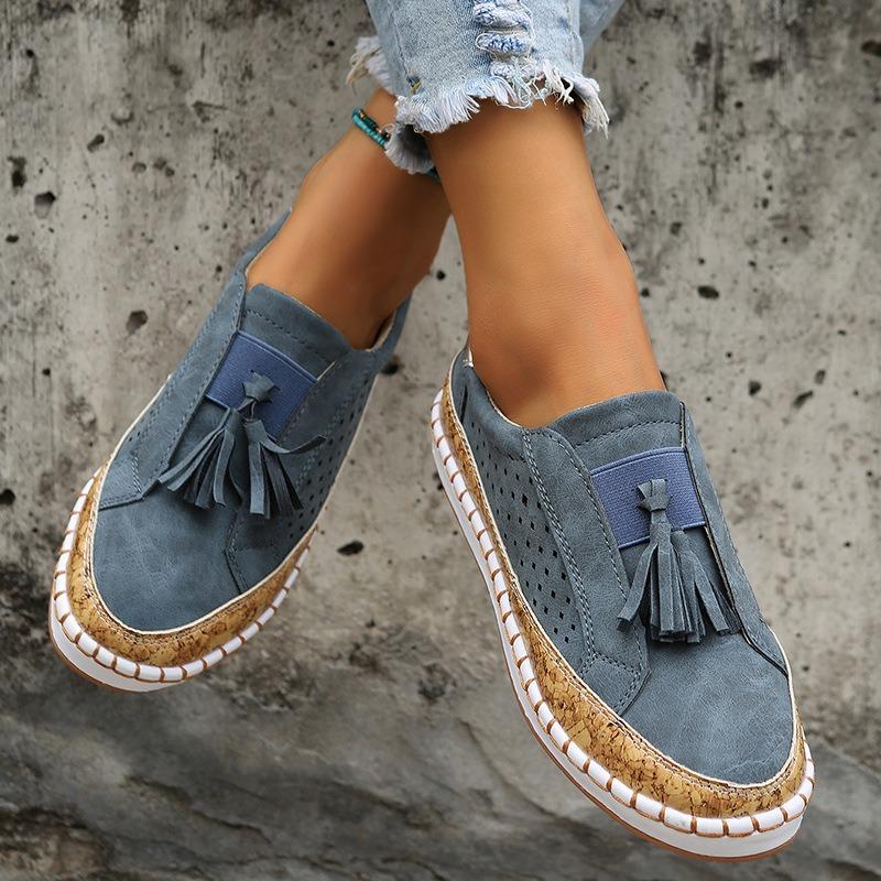 Neue Retro-Rundzehen-Elastik-Perforierte Atmungsaktive Einzelne Schuhe mit Lässigen Fransen und Flachen Sohlen