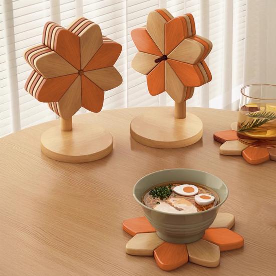 5Pcs/Set Wooden Coasters Set with Stand Pinwheel Shape Changeable Design Heat-resistant Coasters Kitchen Dining Decor