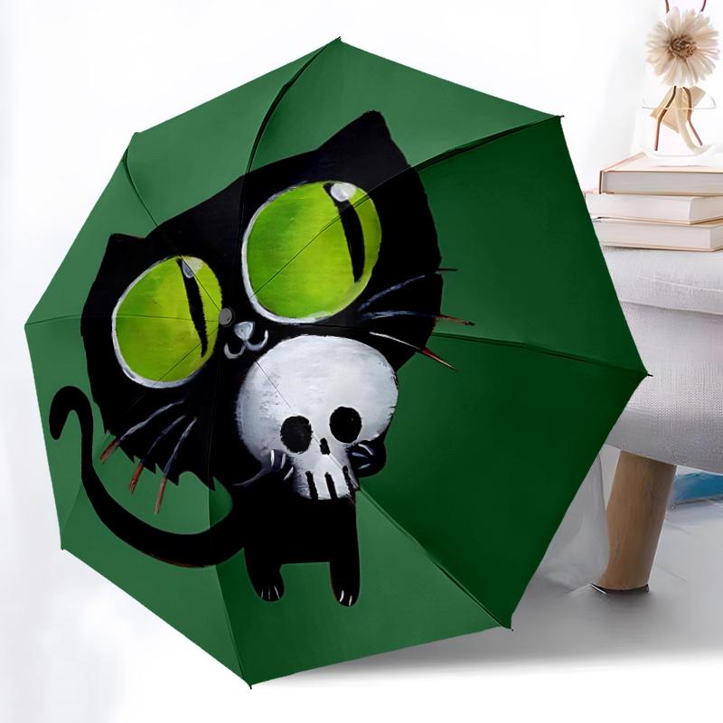 1PC Halloween Cat Spooky Kitten Automatic Windproof Umbrella 8 Rib Portable Folding Black Iron Frame for Outdoor, Beach, Travel, Beach Umbrella,S47