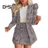 2 Pcs/Set Coat Skirt Set Flower Check Print Color Matching Long Sleeve High Waist OL Style Formal Commute Suit Lady Jacket Skirt Set