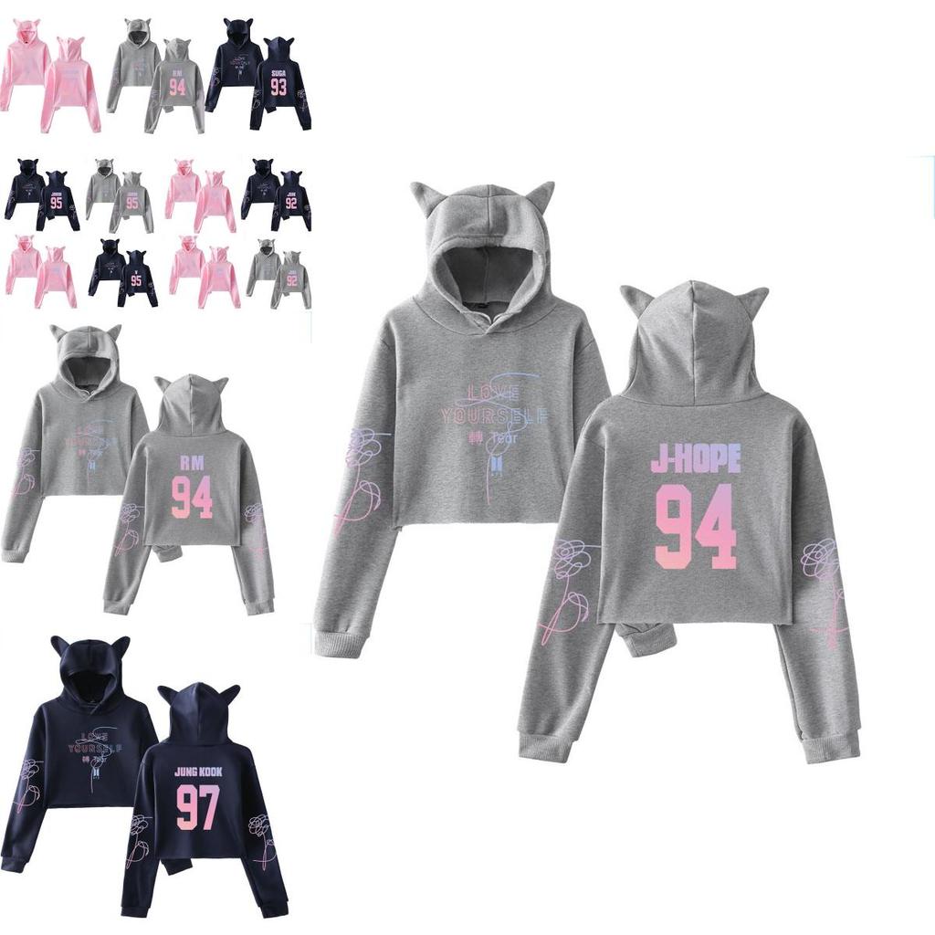 Kpop Unisex Bts  jung Kook Jimin 95 97 Hoodie Sweatshirt Cat Ears Tops Crop