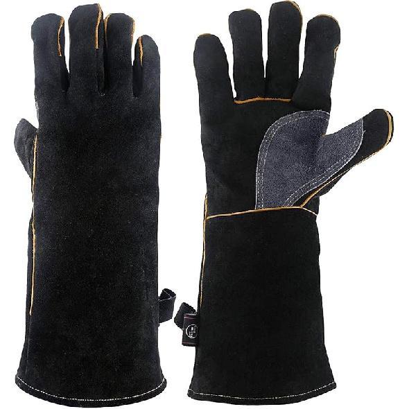 Extreme Heat & Fire Resistant Gloves Leather with Kevlar Stitching,Mitts Perfect for Fireplace, Stove, Oven, Grill, Welding, BBQ, Mig, Pot Holder,