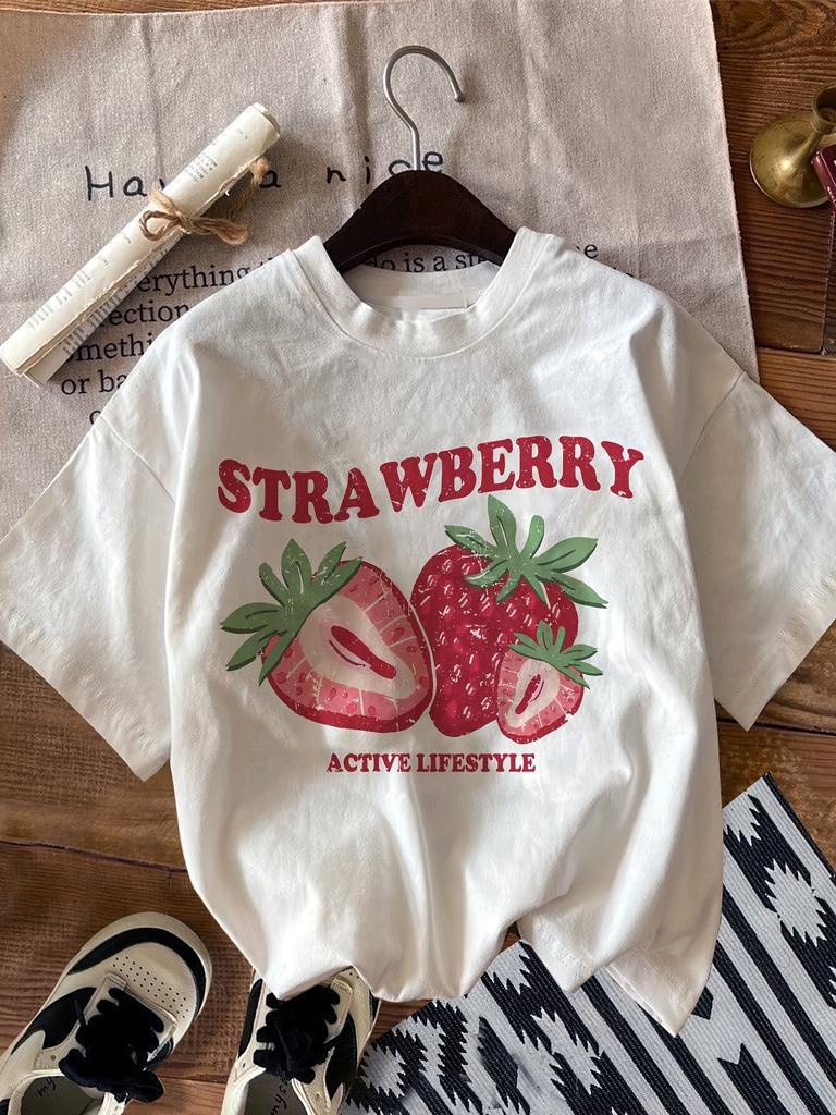 Womens Casual Shirt with Round Neck and White Strawberry Print with Red Graphic Summer Sleeved Harajuku Streetwear Tops Tees