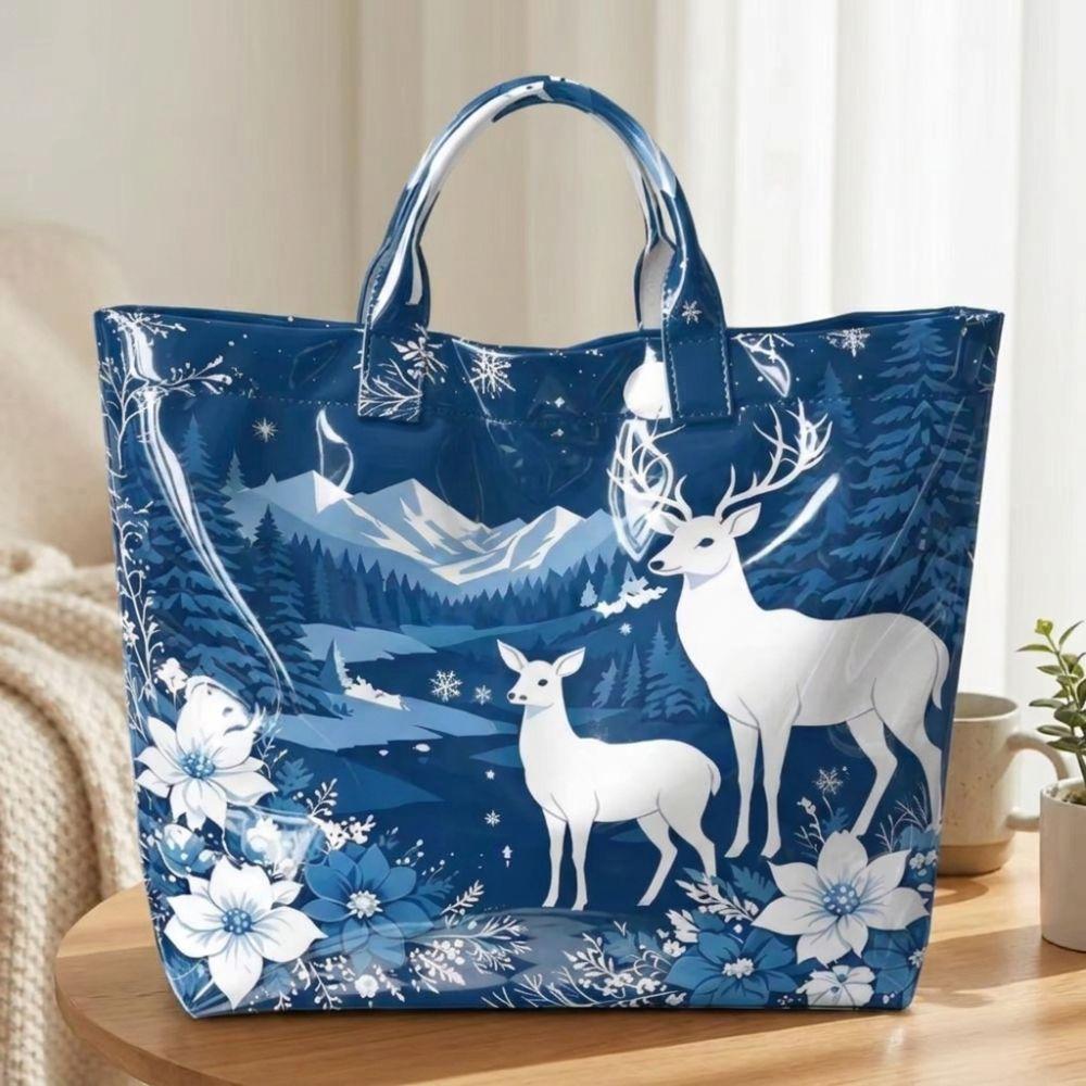 Large Capacity Christmas Print PVC Tote Bag Waterproof Christmas Hand Tote Commute Tote Bag Work