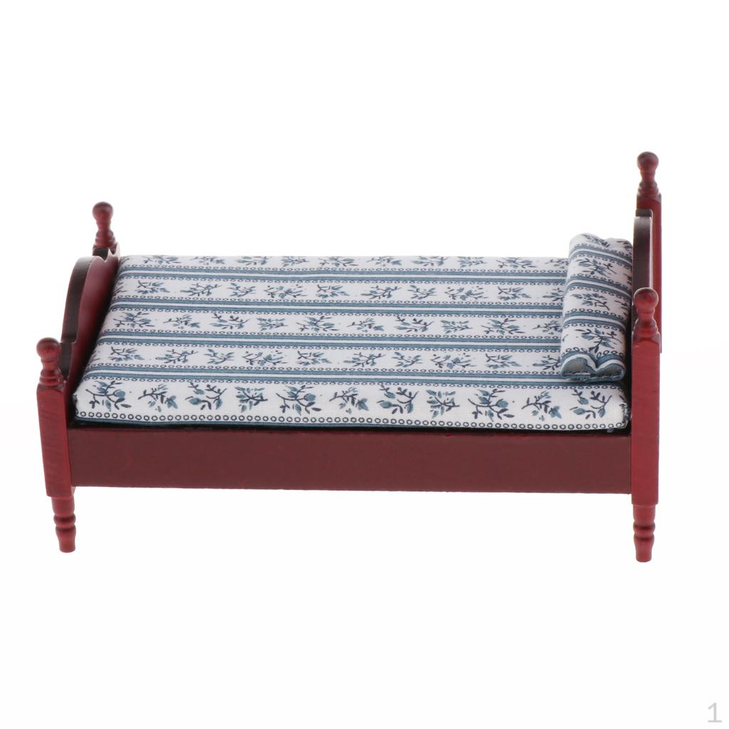 1/12 Dollhouse Miniature Wooden Single Bed W/Pillow Bedroom Accessory