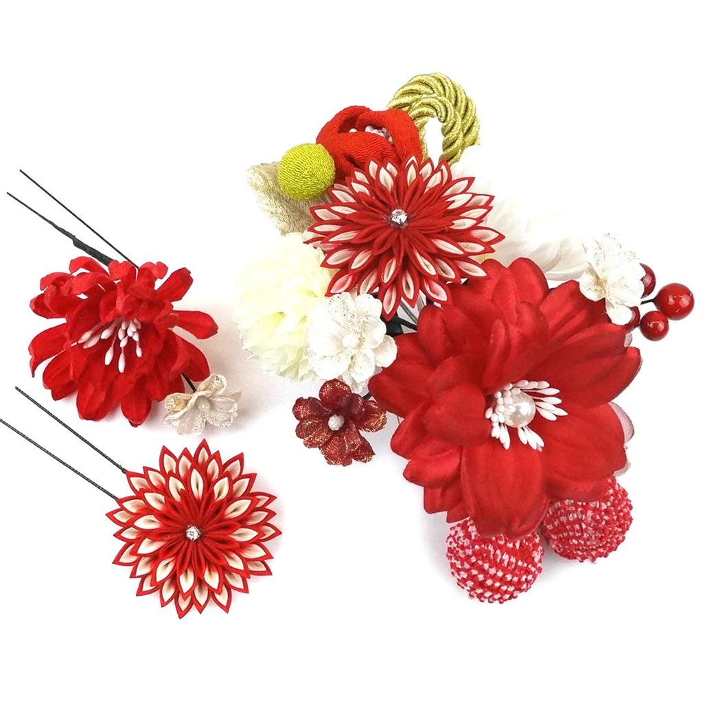 Hair Ornament Set with Flower Kanzashi Comb Perfect for Furisode and Kk-057 3-Piece (Red, Pink, White) (Tsumami-zaiku) Style, Kimono, Coming-of-Age