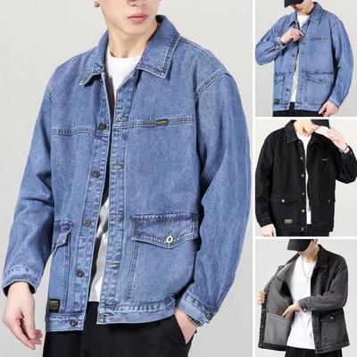Giacca in denim da uomo con risvolto, manica lunga, cappotto con grandi tasche, chiusura a bottoni, primavera/autunno, abbigliamento cargo