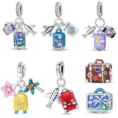 Fine 925 Sterling Copper Airplane,Blue Suitcase & Passport Triple Dangle Charm Fits Original Bracelet Necklace Exquisite Gifts