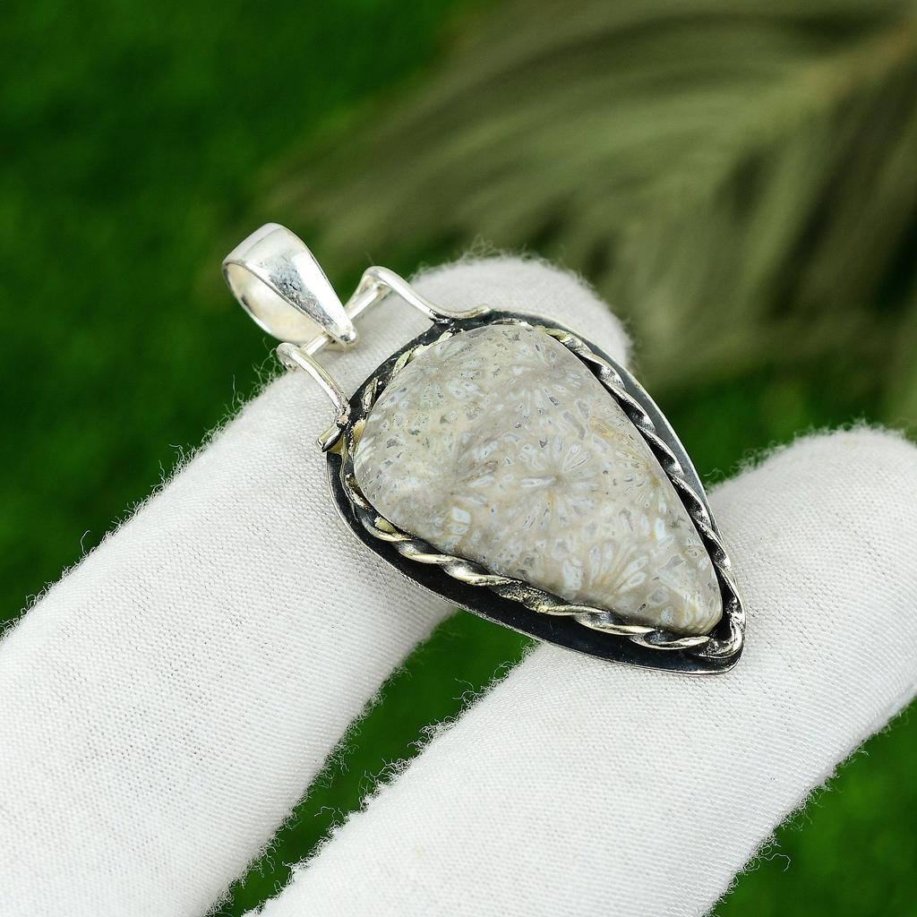 Natural Fossil Coral Handmade Bezel Boho Handcrafted Pendant Jewelry 925 Silver