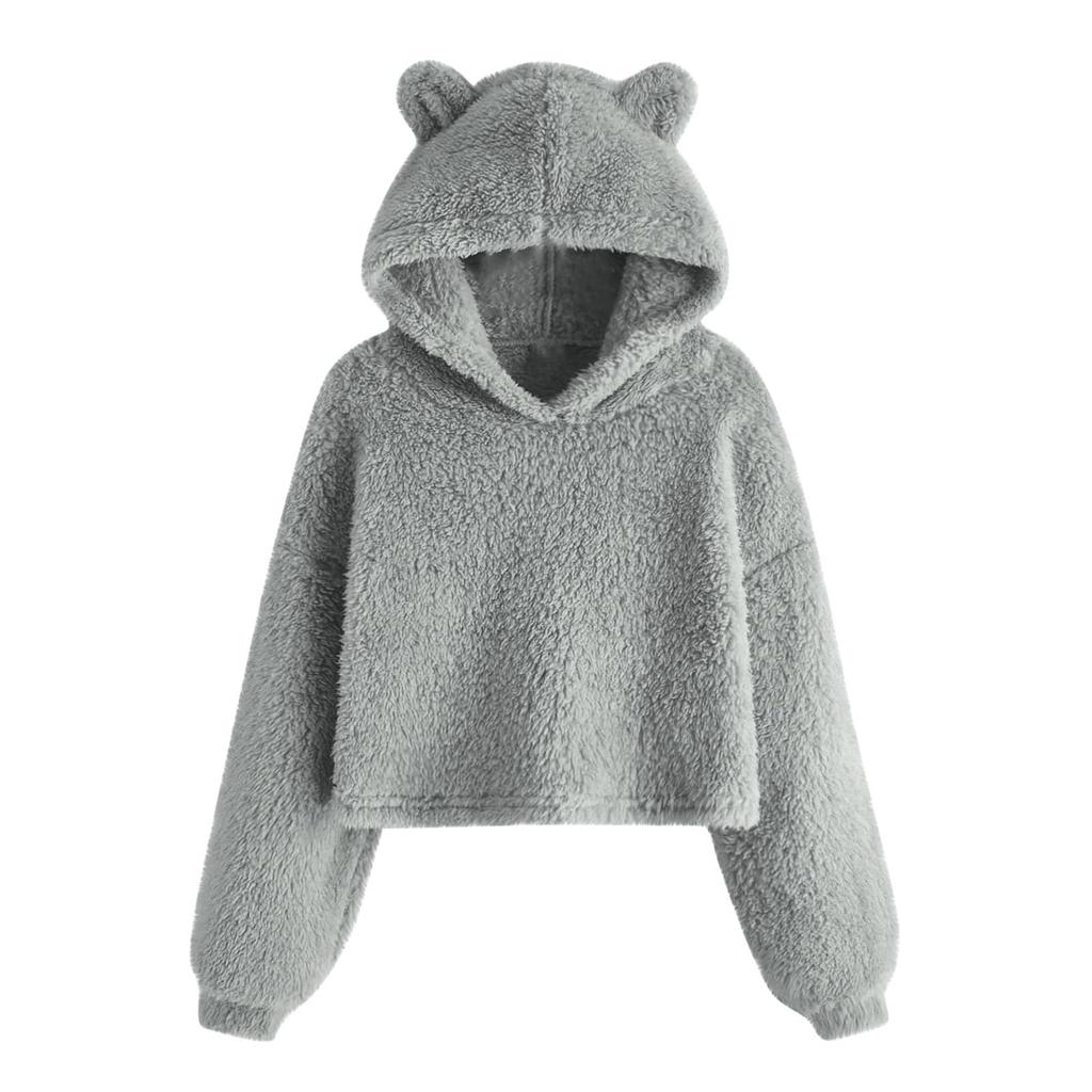 Girls' Fashion Solid Color Pullover Casual  Fleece  Ears Hooded Warm Sweater Sweatshirt