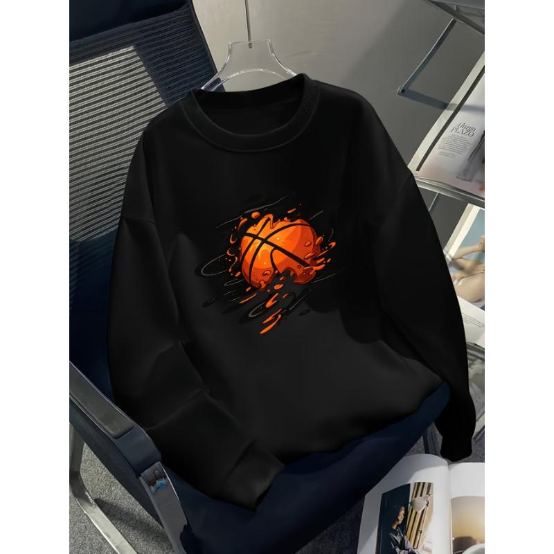 Europäische Größen Jungen Basketball Print Muster Lässiges Sport Herbst Winter Langarm Sweatshirt, Warmes Rundhals Oberteil, Bequeme Outdoor Kleidung.