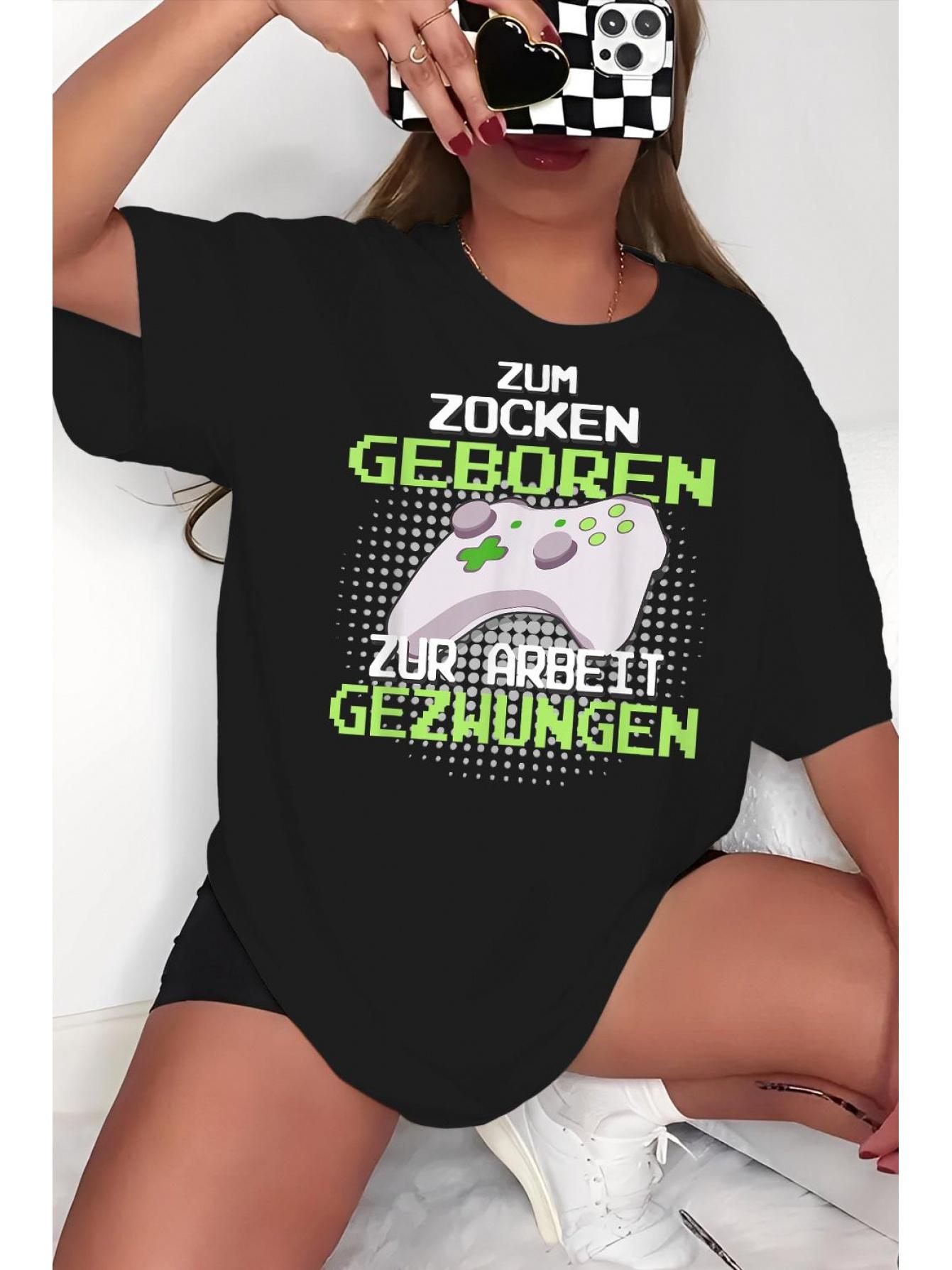 Gaming Slogan T-Shirt - Born to Game, Forced to German Quote & Controller Graphic Tee for Female Gamers 3XL