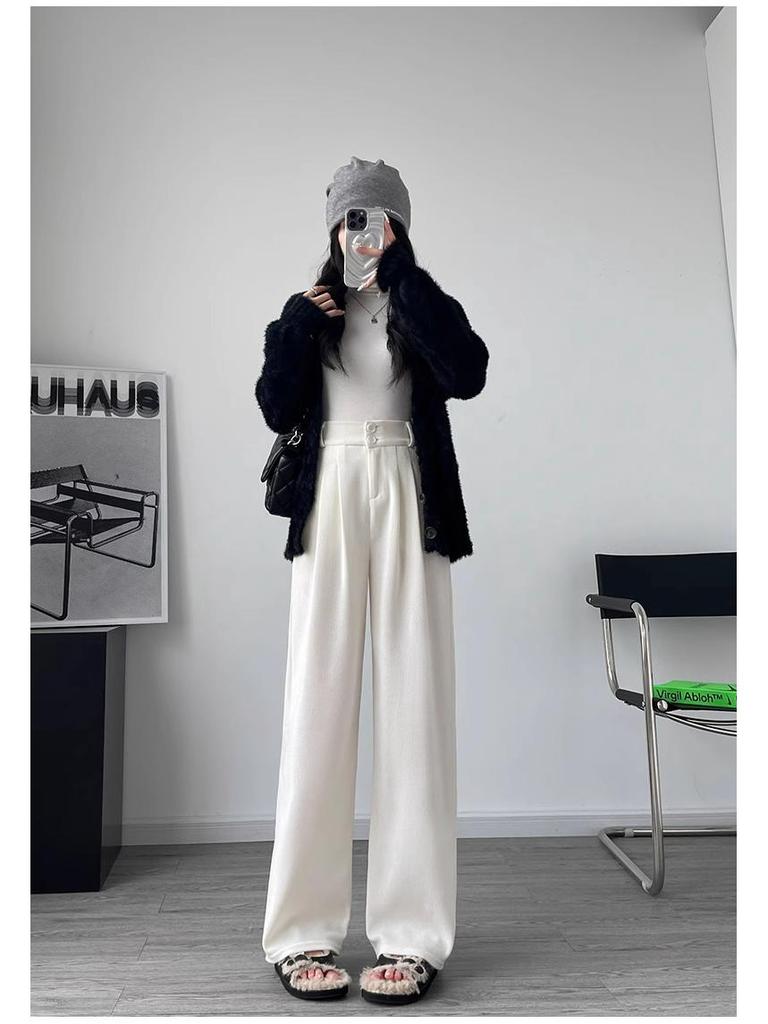 Women's Petite Dark Gray Corduroy Wide-Leg Suit Pants with Fleece Lining for Autumn/Winter