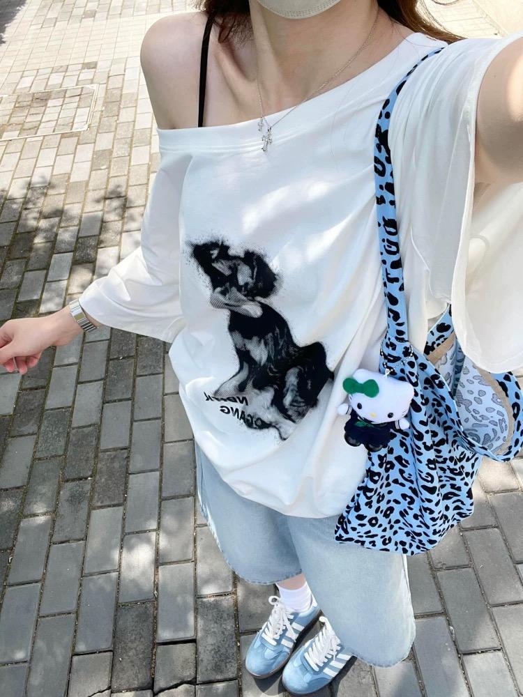 Loose Korean Puppy Print Slanted Shoulder Short-sleeved T-shirt Women's Summer Lazy Style Versatile Spice Girl Off-shoulder Top Trend