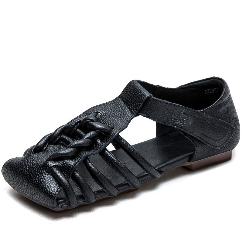 

2025 лето новый верхняя одежда сумка голова женские сандалии не устают ноги римские крутые шлепанцы ретро квадратный носок ручная работа женская обувь 40 чёрный