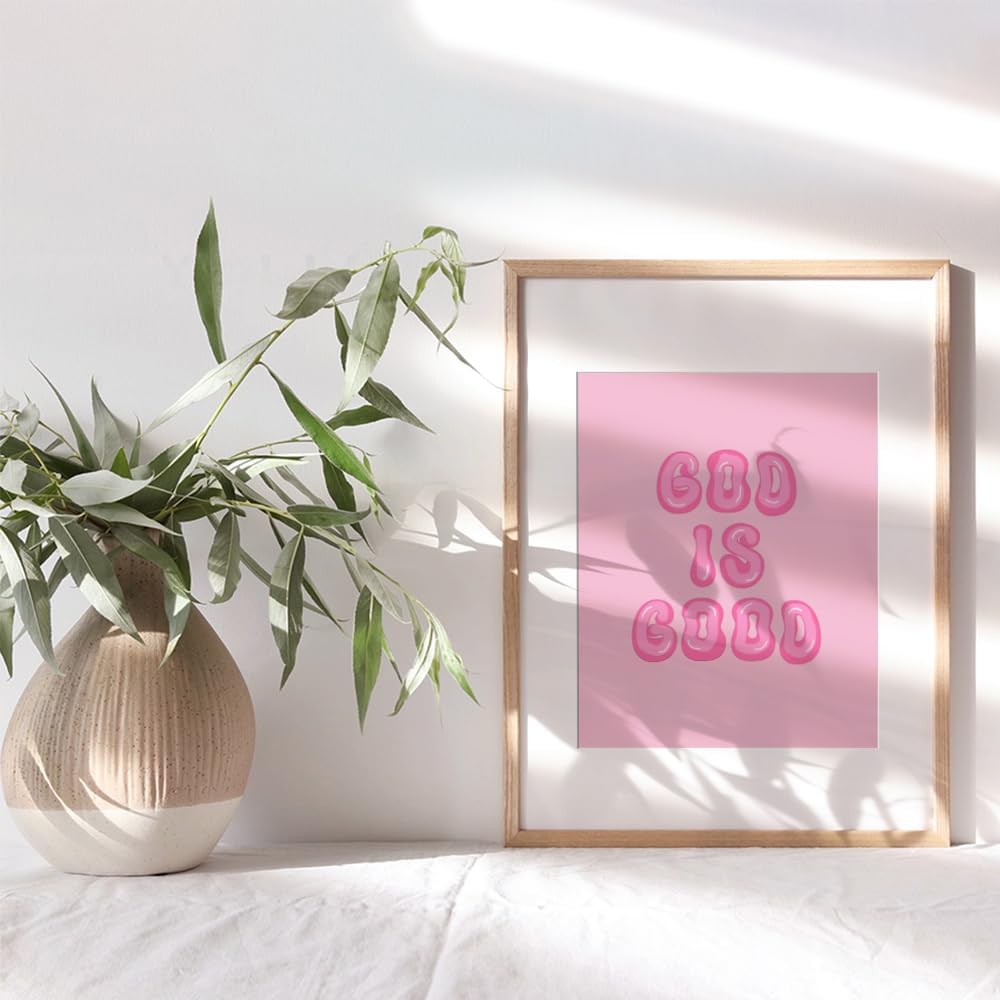 Pink Preppy Christian Wall Decor - God is Good Aesthetic Wall Decor for Women, Woman, Teen Girls - Vintage Retro Religious Gifts - Funky Chic Home
