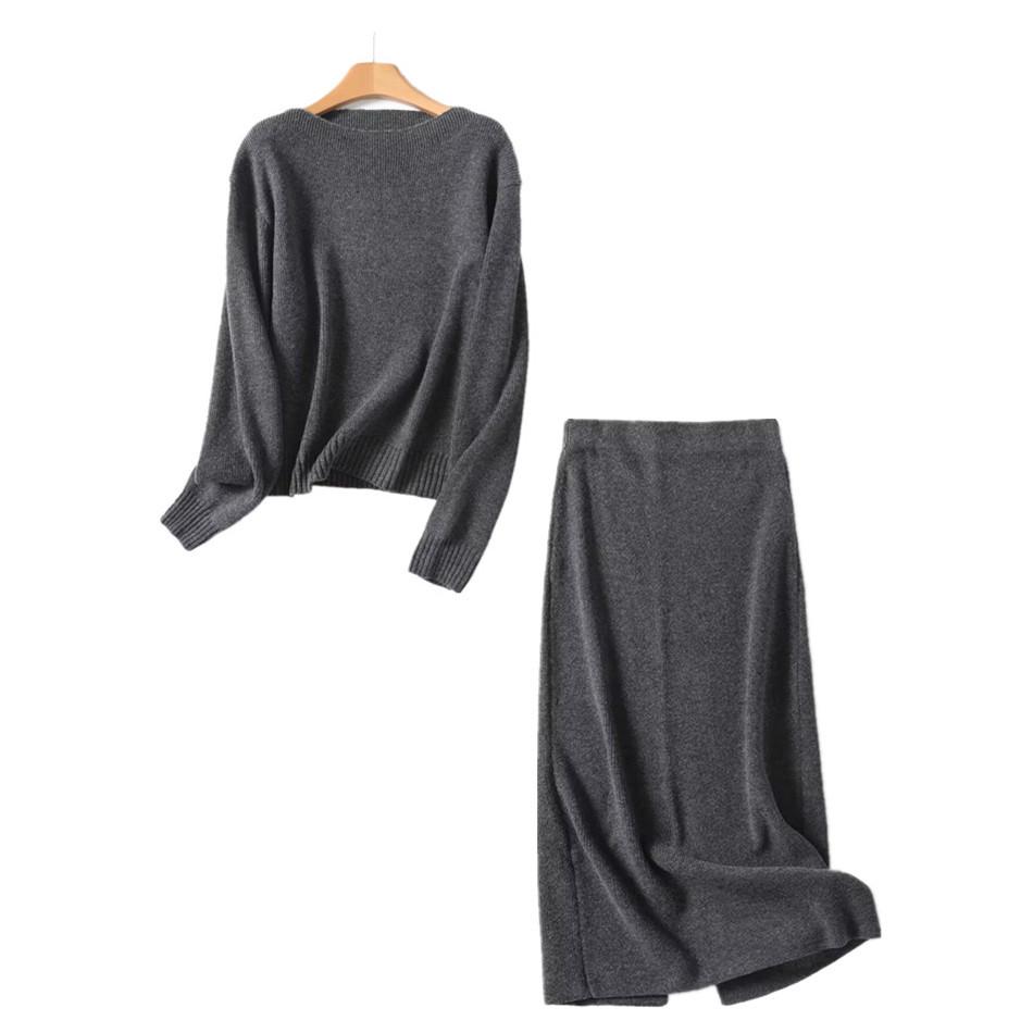

Spring 2025 Women s Minimalist Boat Neck Top & Straight Midi Skirt Knit Set Large